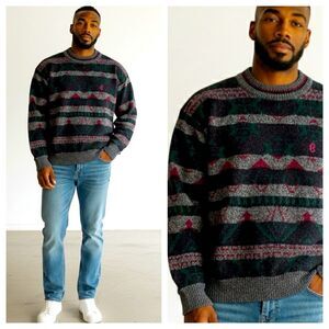 Vintage Conte of Florence Wool Intarsia Crew neck Pullover Sweater Large
